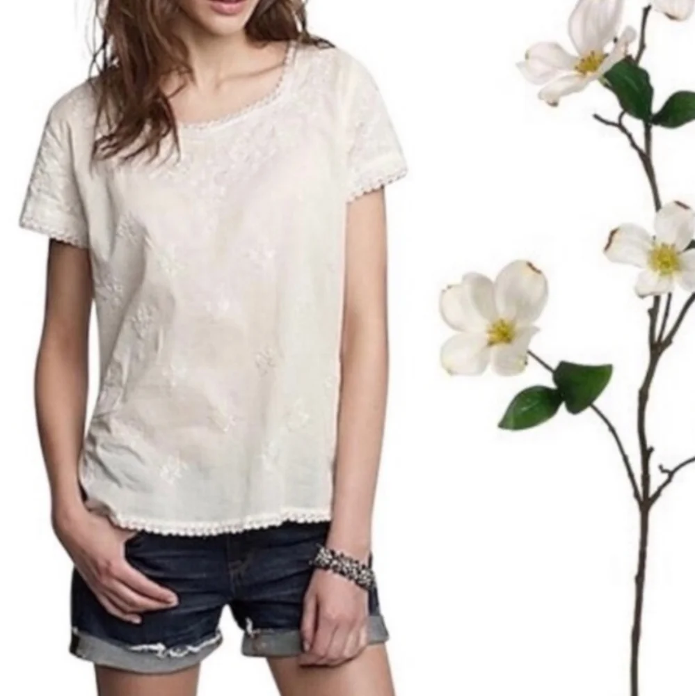 J. Crew Womans Cream Embroidered Boho Short Sleeve Blouse Size Small‎